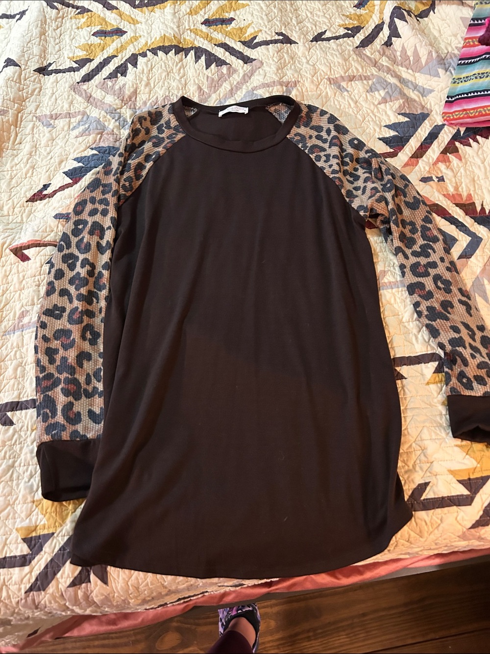 Brown Tunic Top with Leopard Print Raglan Sleeves